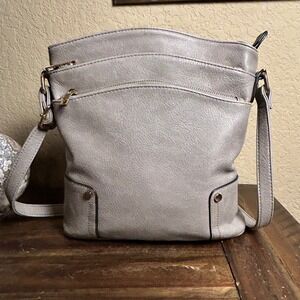 Alyssa Gray Faux Leather Crossbody, Dual Zips, Ornate Lining, 20" Strap